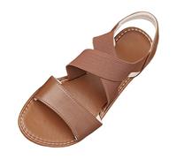 UK 7.5 Tan Sandals for Women Faux Leather Open Toe One Band Ankle Strap Slingback Flat Sandals Strappy Sandal Footwears 004_Brown