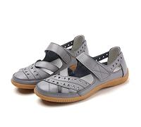 UK 7.5 WOMEN Leather Mary Jane Flat Shoes -Ladies Wide Fit Comfort Casual Work Office Nursing Sandals Touch Fasterning Closure Closed Toe Athletic Sandals Grey Footwear Gift