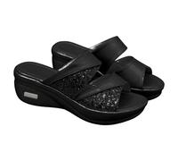 UK 7.5 Women’s Wedge Sandals Mules Slippers Sequin Sliders Peep Toe Slip-On Wedge Summer Slippers Backless Slipper Arch Support Shoes Black Ladies Footwear Gifts