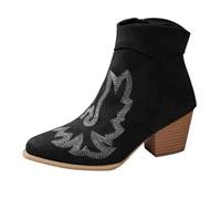 UK 7.5 Womens Ankle Boots Fringed Pointed Toe Chunky Stacked Mid Heeled Tassel Faux Suede Leather Booties with Side Zipper Embroidery Western Cowboy Booties Retro Vintage Short Boots B1_Black Footwear