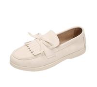 UK 7.5 Womens Easy Slip on Suede Look Casual Loafer Shoes Trainers Soft Flat Sole Comfortable Driving Office Shoe with Tassel Bow Footwear Gift #02_Beige