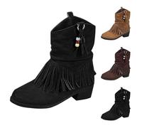 UK 7.5 Womens Foldover Tassel Ankle Booties Fold Over Short Bootie Flat Low Block Heel Suede Pull on Cowboy Boots Cowgirl Western Slouchy Ankle Booties A#01_Black Stylish Footwear Gifts