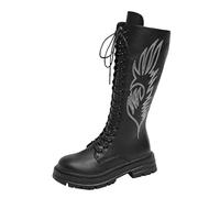 UK 7.5 Women's Mid Calf PU Lace up Combat Boots Knee High Riding Boots Round Toe Fashion Chunky Platform Tie up Lug Sole Gothic Motorcycle Boot with Embroidery for Girls Women Black Footwear