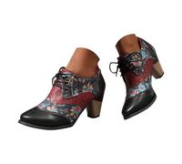 UK 7.5 Women's Retro Lace up Booties Chunky Block Heel Ethnic Printed Style Pointed Toe Ankle Boots Oxford Boot Short Boots Dress Shoes Pump Footwear Black