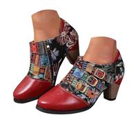 UK 7.5 Women's Retro Lace up Booties Chunky Block Heel Ethnic Printed Style Pointed Toe Ankle Boots Oxford Boot Short Boots Dress Shoes Pump Footwear Wine