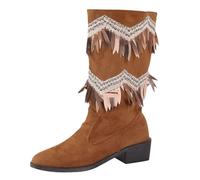 UK 7.5 Women's Suede Mid Calf Boots Flat Low Block Heel Square Toe Western Boot Pull on Walking Boots with Sequins Tassel Cowgirl Booties Dressy Pull on Wide Calf Fashion Khaki Stylish Footwear Gifts