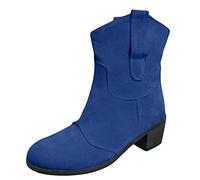UK 7 Cowboy Boots for Women Booties Ankle Cowgirl Western Boots Short Chunky Classic Brown Ankle Round Toe Slip on Slouchy Fashion Retro Mid Calf Booties Fall Winter Dark Blue Footwear