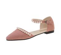 UK 7 Flats for Women Closed Pointed Toe Flats Adjustable Ankle Strap Ballet Shoes Suede Dress Shoes Sandals Wedding Dress Cute Shoe with Pearls Footwear Pink