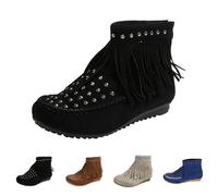 UK 7 Fringe Ankle Boots for Women Wide Width Flat Back Zip Vintage Womens Cowboy Boots Round Toe Tassel Studded Western Suede Cowboy Shoes Mocassion Booties Footwear Black
