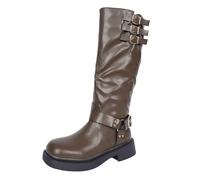 UK 7 Slouchy Under Knee Boots for Women Motorcycle Riding Boots with Buckle Ladies Chunky Block Low Heel Wide Mid Calf Booties Pull on Side Zipper Casual Comfortable Moto Biker Boot Footwear Brown