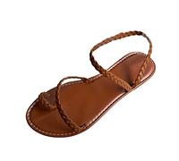 UK 7 Tan Sandals for Women Faux Leather Open Toe One Band Ankle Strap Slingback Flat Sandals Strappy Sandal Footwears 002_Brown