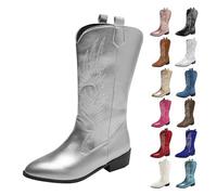 UK 7 UK Cowboy Boots for Women Western Boot Mid Calf Cowgirl Boots with Embroidery Pull on Pointed Toe Stylish Chunky Low Heel Shoes for Theme Party Country Concert All Season Footwear 002_Silver