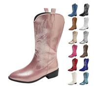 UK 7 UK Cowboy Boots for Women Western Boot Mid Calf Cowgirl Boots with Embroidery Pull on Pointed Toe Stylish Chunky Low Heel Shoes for Theme Party Country Concert All Season Footwear 002_Pink