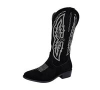 UK 7 Wine Womens Cowboy Knee High Boots Comfortable Pull On Side Zipper Chunky Heel Embroidered Western Cowgirl Boots Retro Tall Boot Pointed Toe Shoes Ranch Trip Outdoor Camping White Black Grey 7.5