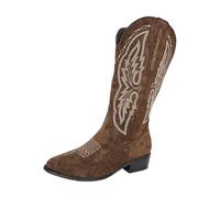 UK 7 Wine Womens Cowboy Knee High Boots Comfortable Pull On Side Zipper Chunky Heel Embroidered Western Cowgirl Boots Retro Tall Boot Pointed Toe Shoes Ranch Trip Outdoor Camping White Black Grey 7.5
