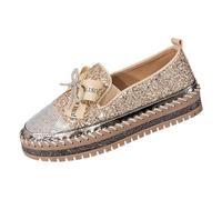 UK 7 Women Glitter Platform Loafers Fashion Rhinestone Slip on Sneakers Casual Comfort Walking Shoes Cute Bowknot Glitter Sparkly Bling Loafer Sequin Dress Shoes Stylish Gold Footwear Gift
