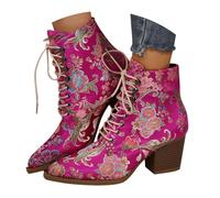 UK 7 Women Vintage Ankle Booties Lace up Pointed Toe Floral Embroidered Stacked Block Heel Cowboy Boots Western Cowgirl Booties Hot Pink Stylish Footwear Gifts