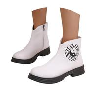 UK 7 Women's Ankle Boots PU Leather Flat Low Heel Zipper Booties Round Toe Winter Fall Short Booties Bagua Yin Yang Symbol Printing Stylish White Footwear Gift