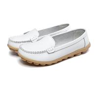 UK 7 Womens Comfy Loafers Soft Leather Antiskid Slip on Flat Boat Driving Moccasins Casual Comfort Comfortable Office Fashion Work Walking Nursing Shoes White Footwear