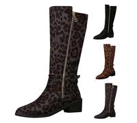 UK 7 Women's Knee High Boots Leopard Print Double Side Zipper Chunky Block Heel Round Toe Riding Motorcycle Boots Fashion Long Dress Under Knee Walking Boot for Ladies Fall Winter Grey Footwear