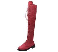 UK 7 Womens Lace up Flat Knee High Boots Faux Suede Low Heel Over The Knee Tall Boots Long Tight High Combat Casual Riding Boot with Half Side Zipper Footwear Hot Pink