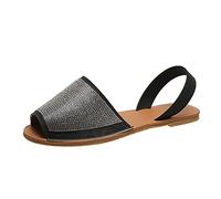 UK 7 Womens Leather Flat Sandal Rhinestone Glitter Ladies Slingback Menorcan Spanish Summer Holiday Shoes Peep Toe Slingaback Flat Sandal with Black