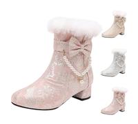 UK 7 Women's Low Block Heeled Ankle Booties Side Zipper Faux Fur Trim Pearls Chain Cute Bow Warm Winter Boots Comfortable Shoes for Cheongsam Dress Christmas Ankle Boots Pink Footwear Clearance