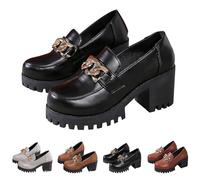 UK 7 Womens Platform Mid Chunky Heel Loafers Metal Chain Lug Sole Classic Round Toe Slip on Office Uniform Oxfords Shoes Casual Dressy Business Work Shoes Stylish Black Footwear Gift