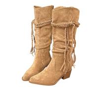 UK 7 Womens Suede Cowboy Boots Pull on Mid Calf Fringe Cowgirl Boots Retro Fall Western Boot Slouchy Boot with Braided Belted Pointed Toe Chunky Heels Western Long Booties Light Yellow Footwear