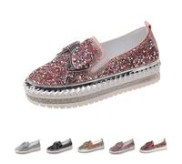 UK 8 Women Glitter Platform Loafers Fashion Rhinestone Slip on Sneakers Casual Comfort Walking Shoes Cute Bowknot Glitter Sparkly Bling Loafer Sequin Dress Shoes Stylish C1_Pink Footwear Gift