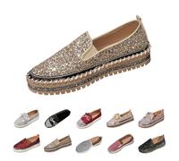 UK 8 Women Glitter Platform Loafers Fashion Rhinestone Slip on Sneakers Casual Comfort Walking Shoes Cute Bowknot Glitter Sparkly Bling Loafer Sequin Dress Shoes Stylish B1_Gold Footwear Gift