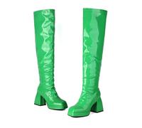 UK 9.5 Ladies Womens Over The Knee Go Go Boots Patent Leather Platform Chunky Block Heel Thigh High Boot Square Toe Long Fall Y2k Gogo Party Boots with Zipper Green Footwear