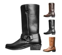 UK 9.5 Western Boots Men’s Square Toe Work Boot Pull on Leather Western Cowboy Boots Stacked Heel Pull on Motorcycle Ankle/Calf Length/Tall Boot #35cm_Black Footwear