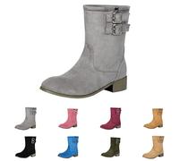 UK 9 Women's Ankle Boots Fashion Low Calf Flat Booties Round Toe Block Chunky Low Heel Fall Winter Casual Pull on Short Boots Double Buckle Suede Dress Shoes for Women Footwear Grey