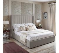 UK Bed Furniture Barcelona Upholstered Bed with 48 Inch Headboard & Slatted Base in Light Beige | Size: Double UK Bed Furniture Light Beige Double