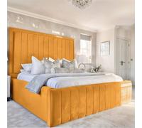 UK Bed Furniture Geneva Upholstered Bed Frame with 54" Headboard - Slatted Base in Mustard | Size: Super King UK Bed Furniture Mustard Super King