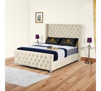UK Bed Furniture Windsor Wingback Slatted Base Upholstered Bed with 48 Inch Headboard in Cream | Size: Super King UK Bed Furniture Cream Super King