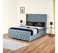 UK Bed Furniture Windsor Wingback Slatted Base Upholstered Bed with 48 Inch Headboard in Light Blue | Size: Super King UK Bed Furniture Light Blue Super King