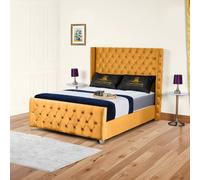 UK Bed Furniture Windsor Wingback Slatted Base Upholstered Bed with 48 Inch Headboard in Mustard | Size: Double UK Bed Furniture Mustard Double
