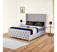 UK Bed Furniture Windsor Wingback Slatted Base Upholstered Bed with 48 Inch Headboard in Silver | Size: Super King UK Bed Furniture Silver Super King