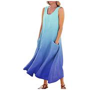 UK Boho Summer Dresses Casual Gradient Print Round Neck Sleeveless Dresses Maxi A Line Beach Dress with Pockets Dress for Women White (Blue, 5XL)