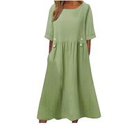 UK Clearance Women's Summer Cotton Linen Dresses - Short Sleeve Midi Dress with Pocket - Casual Pleated Oversized Solid Holiday Party Beach Dress - Elegant Shift Sundress