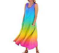 UK Clothes to Hide Belly Fat Casual Gradient Print Round Neck Sleeveless Dresses Maxi A Line Beach Dress with Pockets Wedding Dress Plus Size (Blue, L)