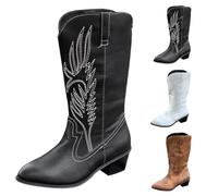UK Cowboy Boots for Women Western Boot Mid Calf Cowgirl Boots with Embroidery Pull on Pointed Toe Stylish Chunky Low Heel Shoes for Theme Party Country Concert All Season Footwear