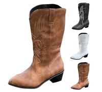 UK Cowboy Boots for Women Western Boot Mid Calf Cowgirl Boots with Embroidery Pull on Pointed Toe Stylish Chunky Low Heel Shoes for Theme Party Country Concert All Season Footwear