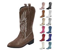 UK Cowboy Boots for Women Western Boot Mid Calf Cowgirl Boots with Embroidery Pull on Pointed Toe Stylish Chunky Low Heel Shoes for Theme Party Country Concert All Season Footwear