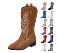 UK Cowboy Boots for Women Western Boot Mid Calf Cowgirl Boots with Embroidery Pull on Pointed Toe Stylish Chunky Low Heel Shoes for Theme Party Country Concert All Season Footwear