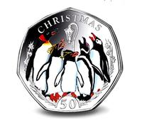 Falklands Christmas Penguins 50p Coin - 2017 Coloured Cupro Nickel Diamond Finish in a card