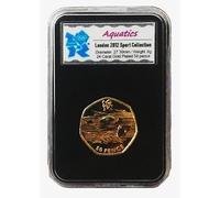 UK-Delightech Gold Plated Olympic 2012 London Sports Aquatics Brilliant Uncirculated 50p encapsulated in Lighthouse Everslab Coin Holders