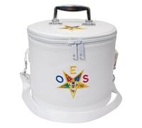 UK EMPIRE GROUP Premium Masonic OES Fez Hat Case White Leather, O in Blue Eastern Star Dual Emblems (Machine Embroidery) Front & Top, with Shoulder Strap